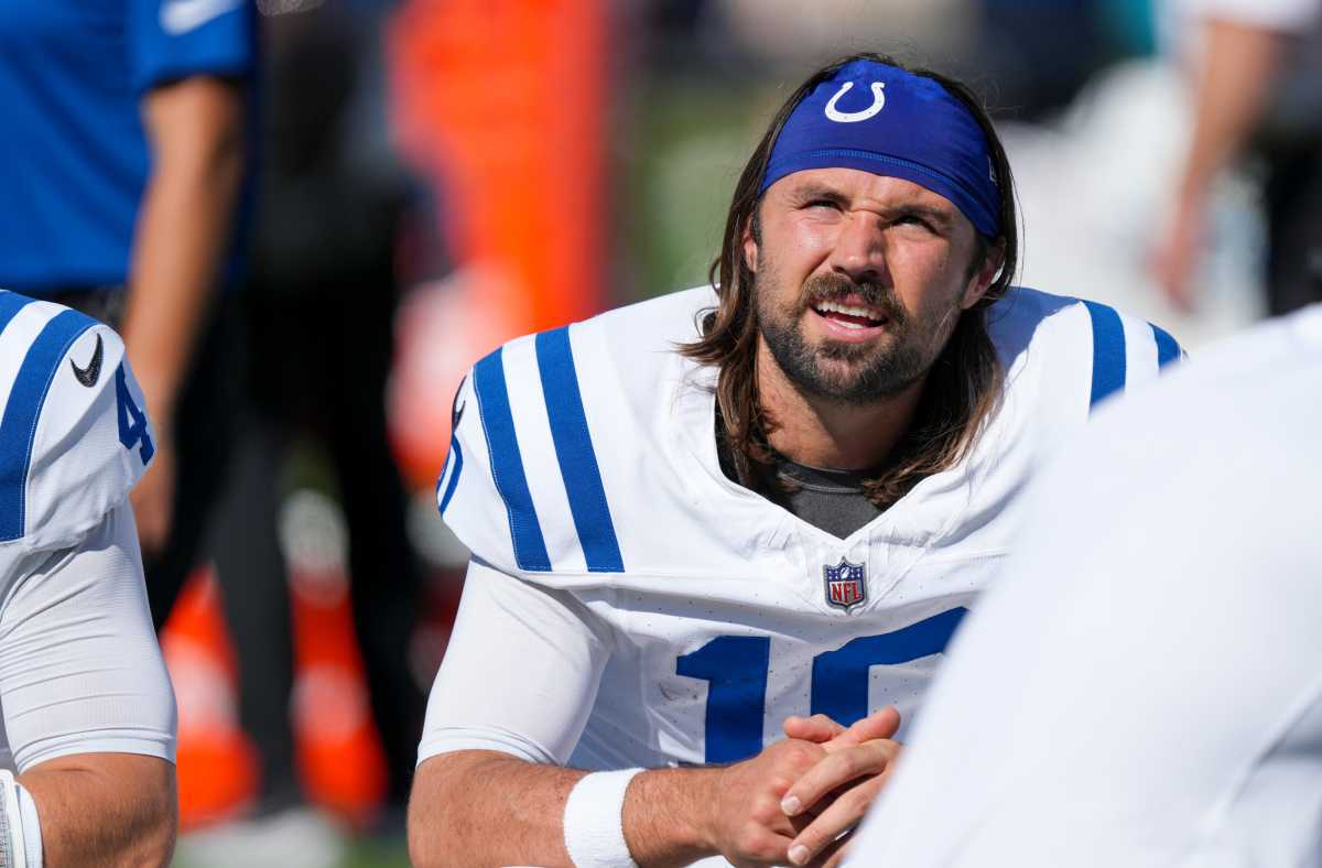 Indianapolis Colts quarterback Gardner Minshew II (10) on the bench during game action at EverBank Stadium on Sunday, Oct 15, 2023, in Jacksonville.  